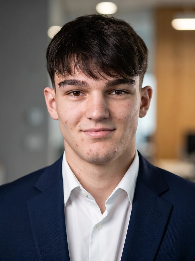 Portrait of a young man in a dark blazer and white shirt against a blurred office background