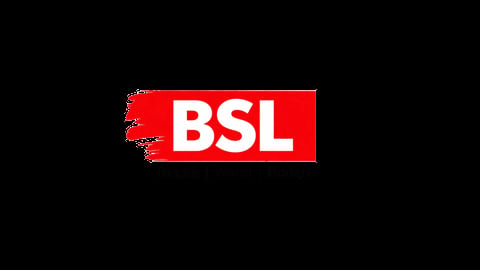 BSL logo featuring white text on a red rectangular background with a torn left edge design